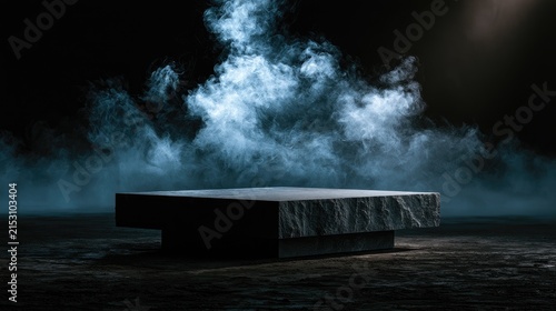 Stone pedestal shrouded in atmospheric smoke and dramatic lighting