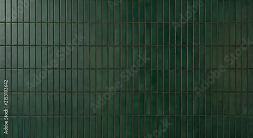 Dark green glazed ceramic mosaic finger tiles with vertical layout and subtle reflective sheen
