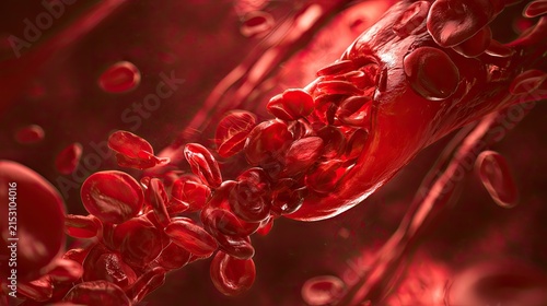 Microscopic view of vibrant red blood cells flowing through a blood vessel