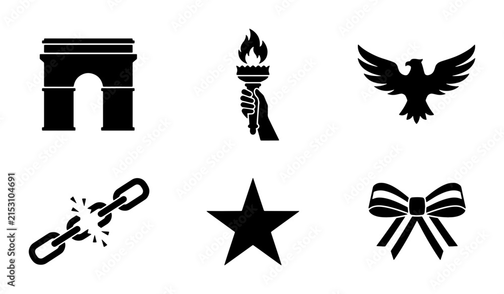 Fototapeta premium Iconic Symbols Collection: Arch, Torch, Eagle, Broken Chain, Star, Bow, Vector Graphics for Patriotism, Freedom, Achievement, Celebration