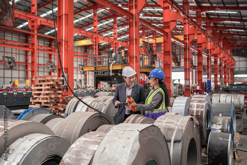 Industrial Factory Scene with Technician and Metalwork in Steel Plant