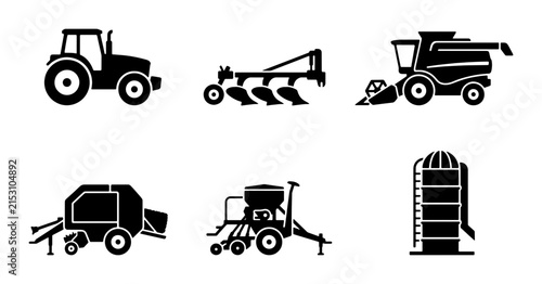 Bild auf Leinwand Farm Equipment Icons: Tractor, Plow, Combine Harvester, Baler, Seeder, Silo - Ag