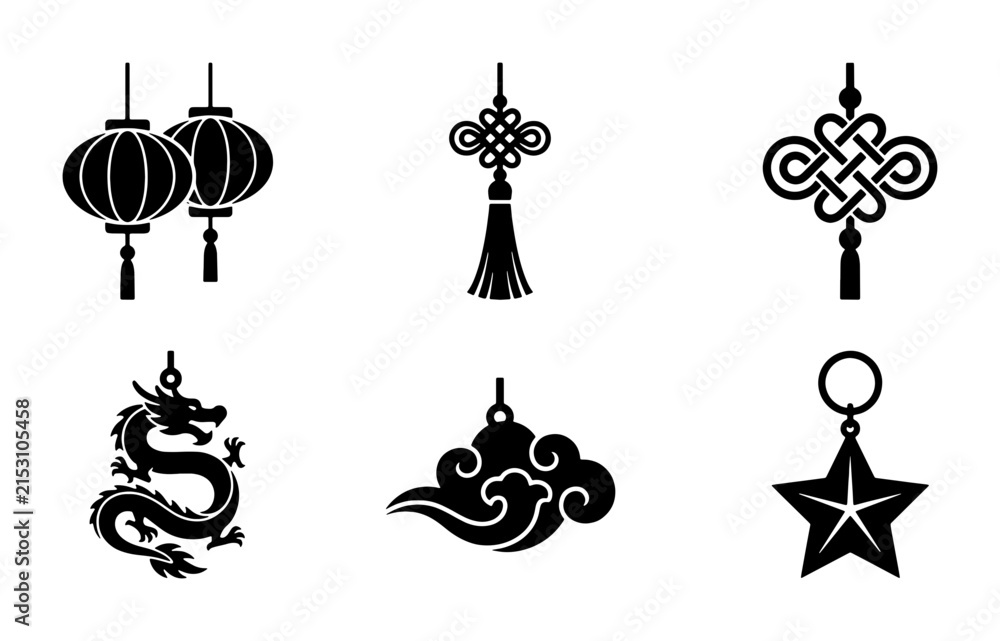 Naklejka premium Chinese New Year Icons Set: Lanterns, Dragon, Cloud, Knot, Star Ornaments, Festive Vector Graphics for Celebration