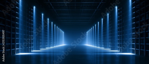 Empty High Tech Warehouse With Soft Blue Glowing Lights