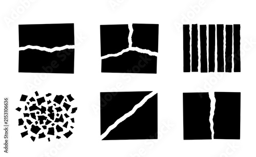 Six Black and White Textured Square Graphic Elements, Cracked and Broken Surface Patterns, Abstract Grunge Textures for Design Projects