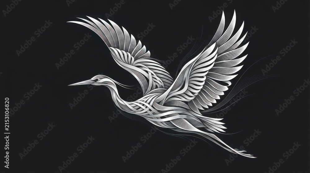 Obraz premium Abstract of a flying crane bird with intricate generated using ai line patterns wings