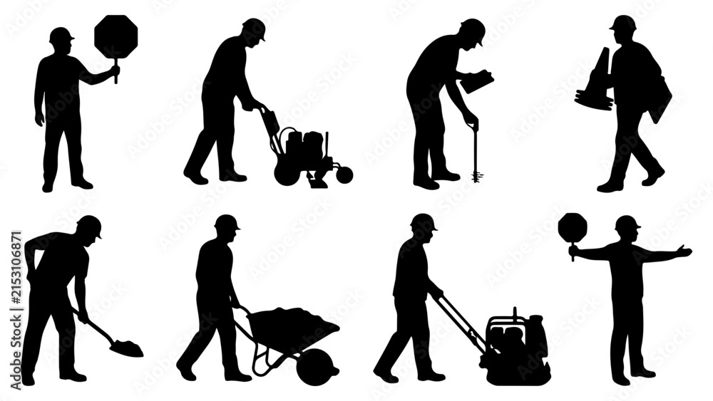 Naklejka premium Silhouettes of construction workers with tools and equipment vector illustration
