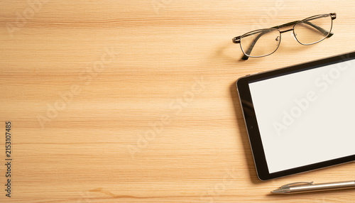 Business Flat Lay on Wooden Desk with Copy Space for Text
