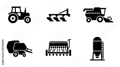 Foto Farm Equipment Icons: Tractor, Plow, Combine Harvester, Baler, Seeder, Silo Vect