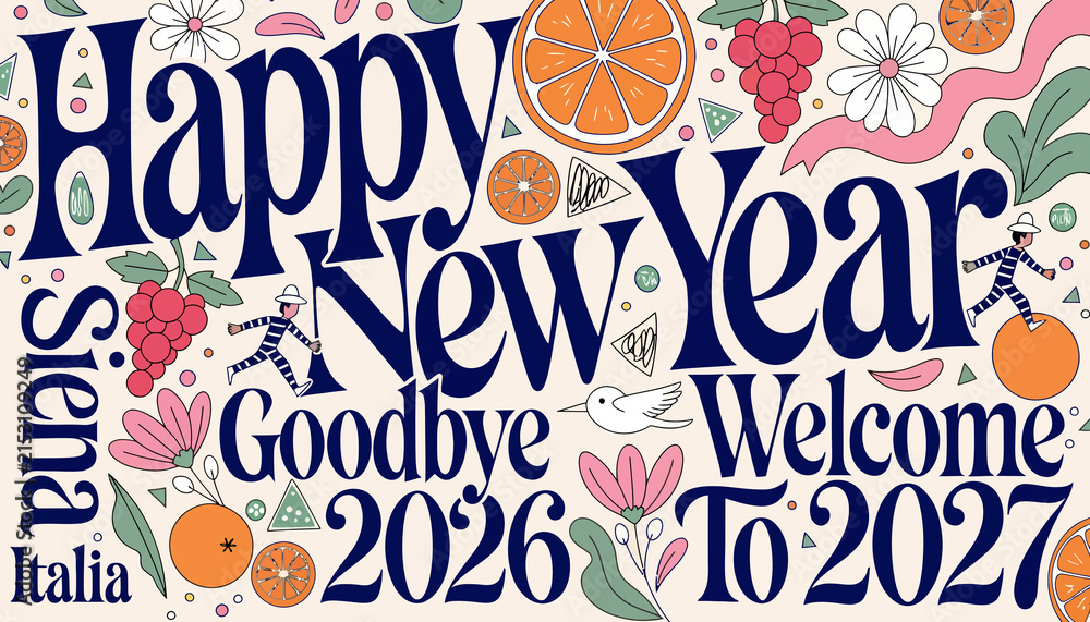 Fototapeta premium Happy New Year 2027 colorful illustration with flowers and fruits