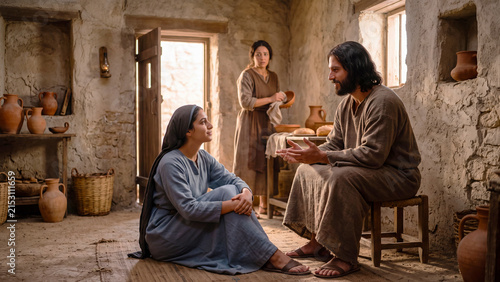 Mary sitting at feet of Jesus listening while Martha busy serving in house, biblical story