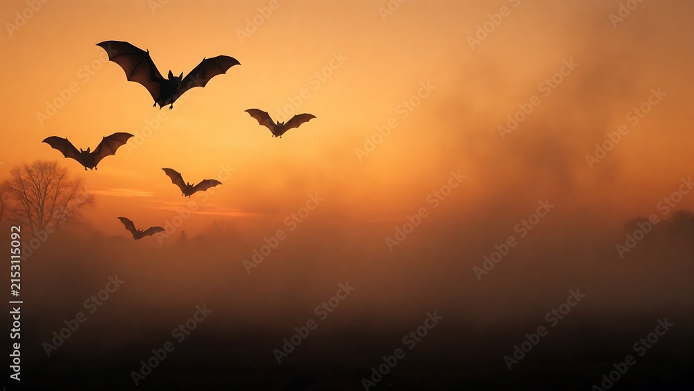 Fototapeta premium Flying Bats Silhouetted Against an Orange Foggy Sunset Sky, Spooky Halloween Wildlife Background