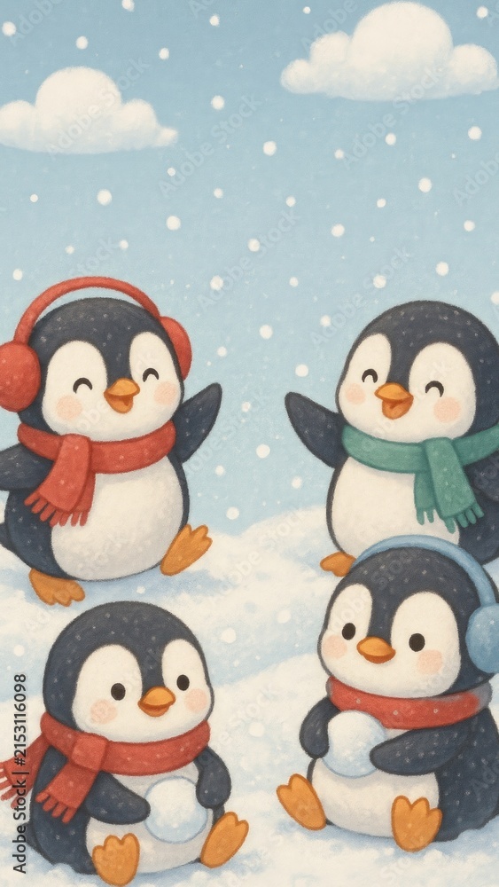 Fototapeta premium Cute penguins in snowy wonderland mobile wallpaper