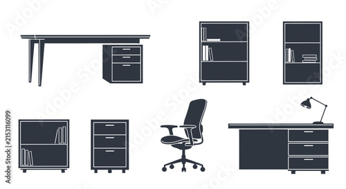 Office furniture set with desk chair bookcases with collection office furniture icons workspace interior cabinet drawer design lamp