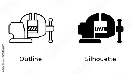Foto Bench Vice Icons: A pair of versatile bench vice icons, one in outline and the other as a solid silhouette, representing tools for gripping and holding materials firmly