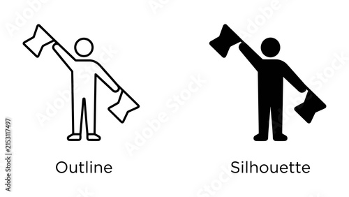 Semaphore Flags: An infographic display featuring two figures demonstrating semaphore flag signals, one in an outline style and the other as a solid silhouette, conveying communication.