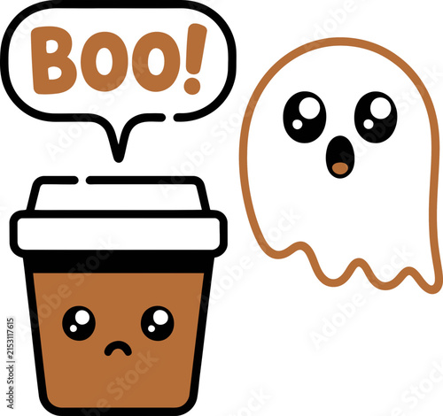 Fotografie Cute Halloween Ghost with Boo Coffee Cup Cartoon Illustration