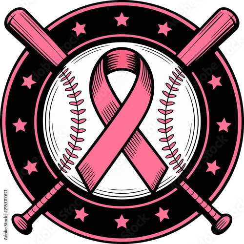 Pink Breast Cancer Awareness Ribbon with Baseball Bats and Ball Illustration