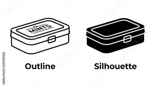 Mint Box Outline and Silhouette: A clean outline and black silhouette of a small mint tin, showcasing its simple design and portability, perfect for branding and packaging concepts.