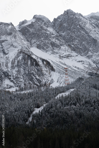Schneebedeckter Nadelwald und steile Felswände im Hochgebirge. Eine Seilbahnstütze führt durch die winterliche Alpenlandschaft unter bewölktem Himmel.