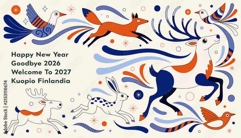 Fototapeta premium Happy New Year 2027 Kuopio Finland: Festive Woodland Animals Greeting Card Design