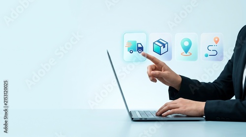 A professional business person using a laptop computer to interact with digital icons representing modern technology and global connectivity solutions