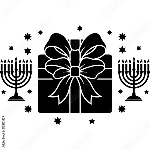 Hanukkah gift box silhouette with menorah and stars. Jewish holiday present vector. Festival of lights celebration icon.