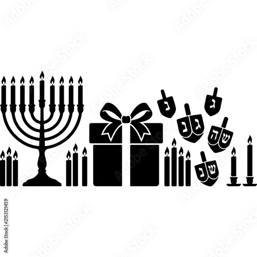 Hanukkah holiday silhouette icons, Jewish menorah and dreidel vector set, festive gift box and candle graphics for Chanukah
