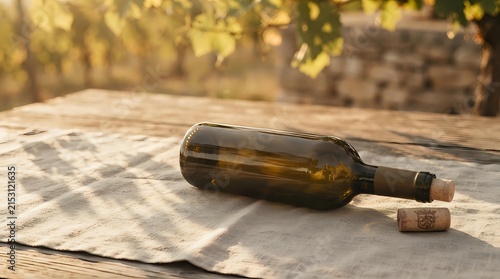 Empty amber wine bottle with cork on checkered linen cloth outdoors