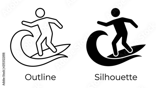 Photography Surfing Icons: A set of two icons depicting a person surfing on a wave, one in outline and the other in silhouette, symbolizing the sport and adventure