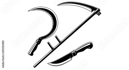 Canvas Print Black and white illustration of scythe sickle with knife white background cuttin