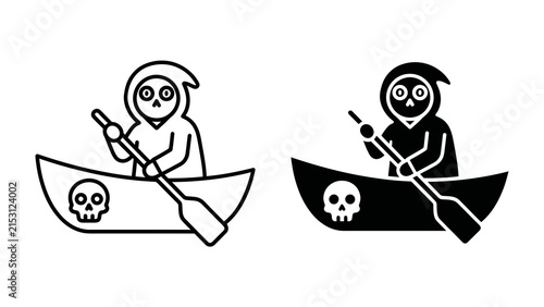 Foto Grim Reaper in a Canoe: Two stylized illustrations depict the Grim Reaper rowing a canoe adorned with a skull symbol, symbolizing the journey of the afterlife or a perilous voyage
