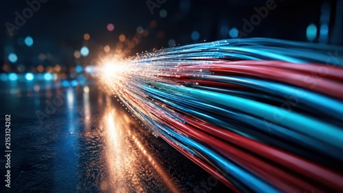 Fiber optic cables with light streaks, representing data transfer and technology.