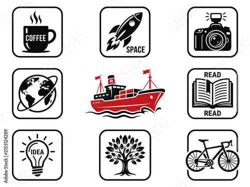 Collection of Icons: Coffee, Space Rocket, Camera, Globe, Ship, Book, Idea, Tree, Bicycle