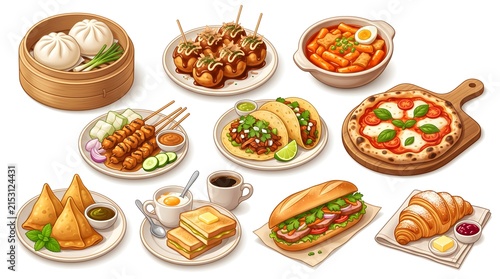 Variety of international street food items including tacos, dumplings, skewers, and sandwiches