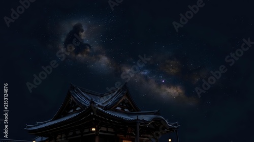 Silhouetted traditional Asian pagoda roof with upturned eaves against
