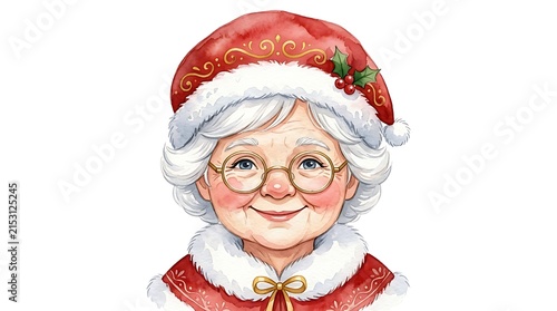 Watercolor illustration of mrs claus portrait with glasses and festive hat isolated on white background
