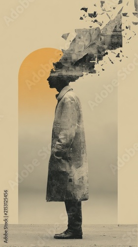 Man standing in front of a sunset with a bird flying over his head creative portrait