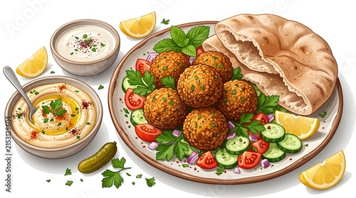 Mediterranean meal plate with fried falafel balls, creamy garlic sauce, hummus, fresh salad, and pita