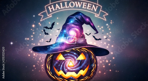 A vibrant and magical halloween night scene with a witch's hat and glowing jack