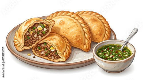 Crispy golden empanadas stuffed with seasoned minced meat and served with green chimichurri dip
