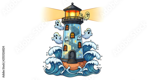 Spooky haunted lighthouse illustration with ghosts and crashing ocean waves for hallowen holiday decor