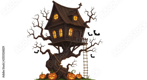 Spooky haunted treehouse with glowing windows for a fun and festive hallowen celebration design