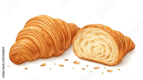 Freshly Baked Croissants with Flaky Layers on White Background for Bakery Promotion and Culinary Art