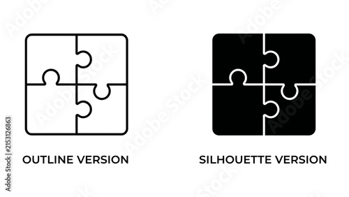 Bild auf Leinwand Puzzle Pieces Icons: Two distinct puzzle piece icon sets, one outlined and one silhouetted, symbolizing problem-solving, connection, and completeness