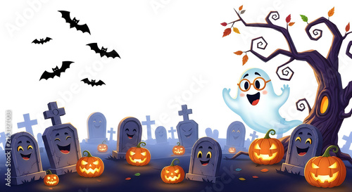 Spooky graveyard scene with carved pumpkins and a friendly ghost for hallowen celebration design