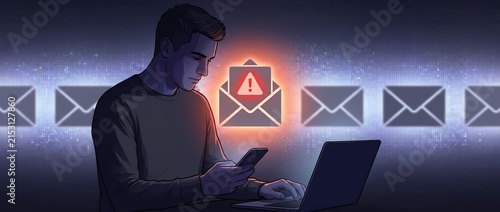 Person using smartphone while working on a laptop with notification symbolizing cybersecurity threats and email alerts in a digitally connected environment