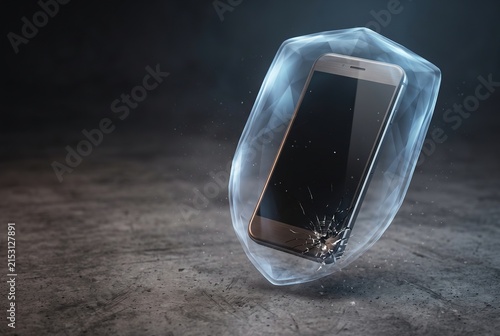 A smartphone is shown inside a clear protective cover. The cover is on a grey surface. A crack appears on the cover, indicating some impact