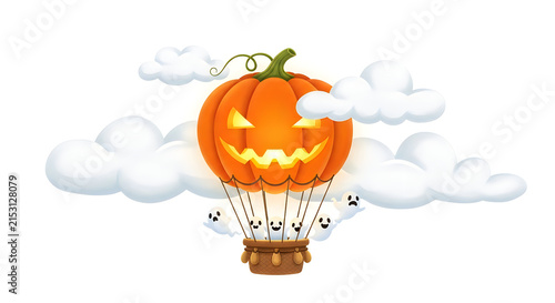 A spooky pumpkin hot air balloon floating in the sky for hallowen celebrations