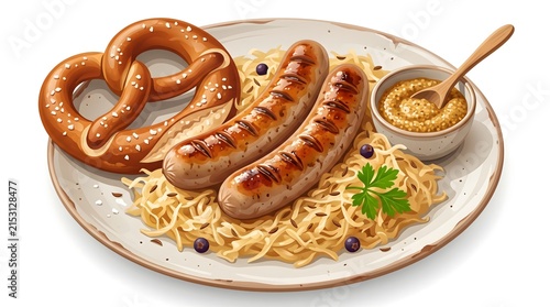 ** Traditional German Cuisine with Grilled Sausages, Pretzel, and Sauerkraut on Rustic Plate for Culinary Promotions
